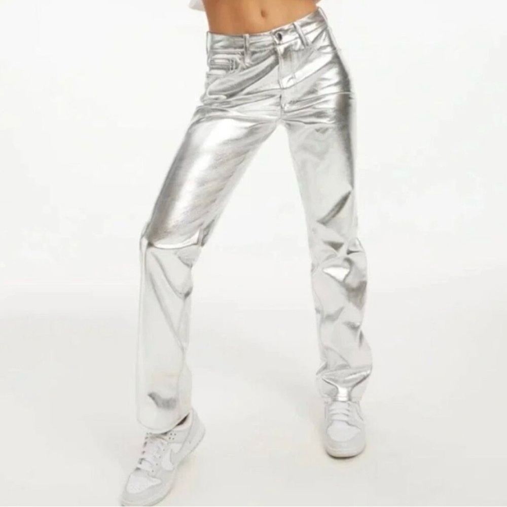 Good American Women's Pants Good Icon Faux Leather SILVER Metallic size 4/27